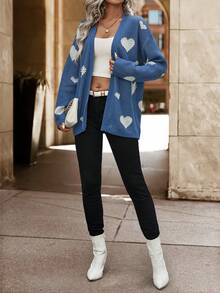 SHEIN Essnce Của phụ nữ Áo len Mở Với Ngọc trai đính cườm Thiết kế trái tim - Màu xanh lam - Xem 6