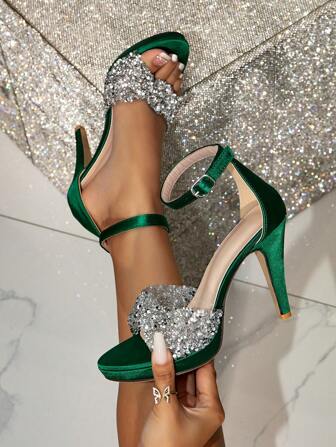 Women's Buckle Design Pointed Toe Waterproof Platform High Heel Sandals, Glamorous Shiny Green High Heels For Halloween, Christmas, New Year, Casual Wear