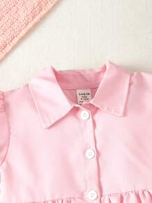 Baby Girls' Pink Puff Sleeve Shirt With Heart-Shaped Print Flare Pants Set For Spring And Summer - Multicolor - View 4