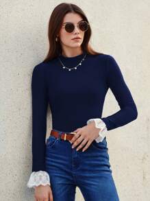 SHEIN Frenchy Damen Besticktes Mesh Kontrast Stehkragen T-Shirt mit Rüschenärmeln - marineblau - Übersicht 9