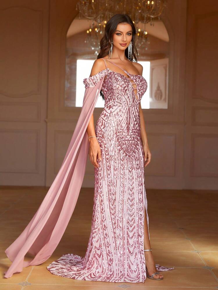 Women's Evening Dress With Asymmetric Neckline, Draping Design And Fish Tail HemSequined Strapless Tuxedo