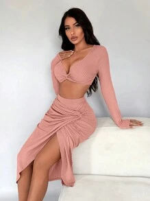 SHEIN SXY Women'S Sexy Pink Twist Knot V-Neck Midi Dress Set With Bodycon Skirt - Pink - View 5