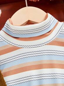 SHEIN Cô gái Tween Sọc Áo thun Và Đầm Tổng thể Bộ - Màu Khaki - Xem 3