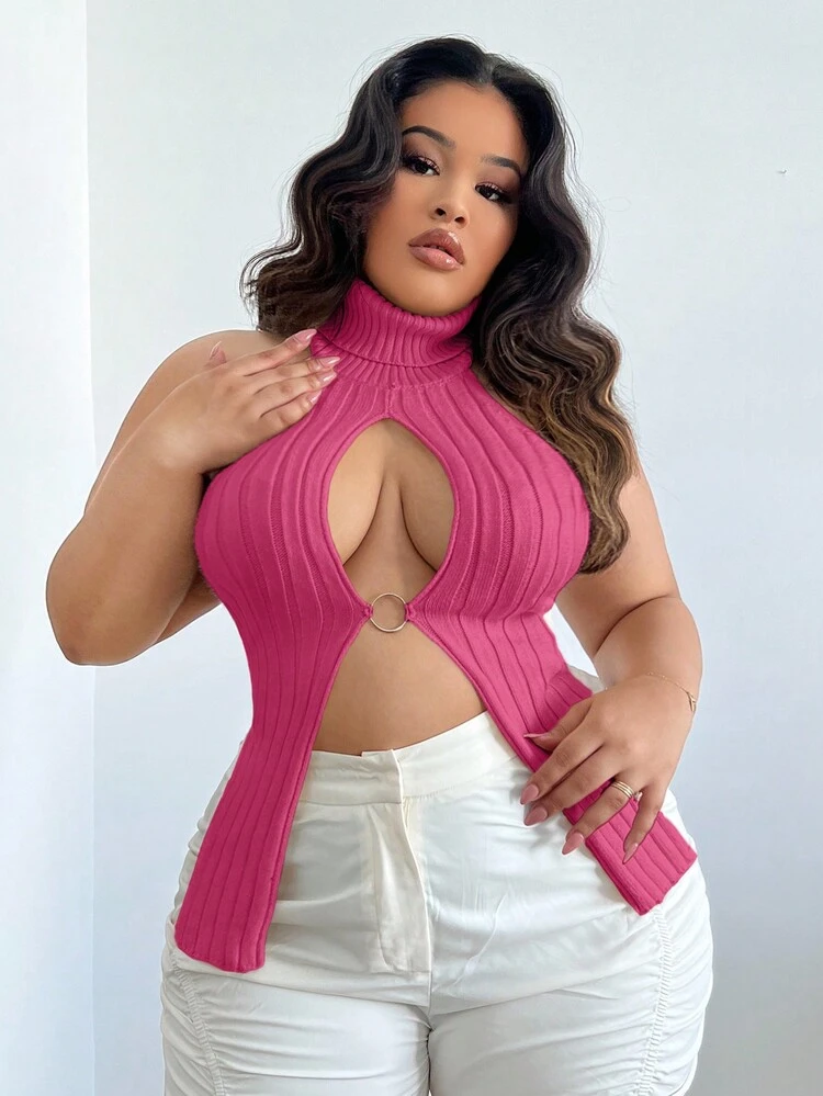 Women's Plus Size Hollow Out Ring Detail Halter High Neck Knit Top