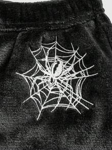ROMWE Goth Women'S Loungewear Set Spider Embroidery Plush - Black - View 3
