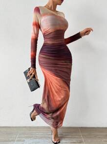 Allurite 女士水洗長袖緊身連衣裙 - 摩卡棕 - 查看 3