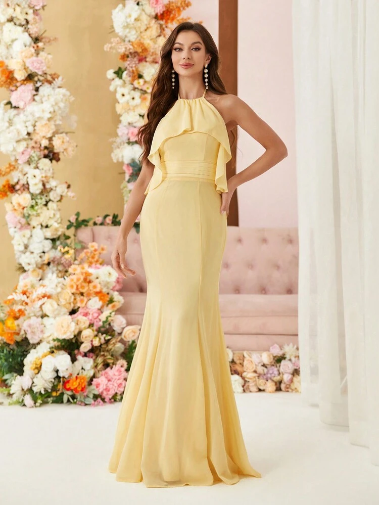 Chiffon Bridesmaid Dress With Halter Neck, Gathered Waist, Pleated Detail And Slight Fish Tail