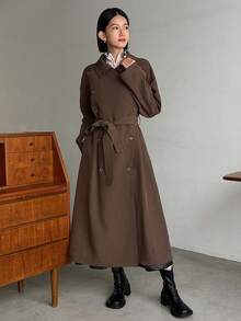 FRIFUL Women'S Double Breasted Belted Trench Coat - Coffee Brown - View 4