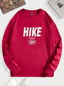 Manfinity RebelGame 宽松男士针织休闲长袖 T 恤，带字母印花 - 酒紅色 - 查看 3