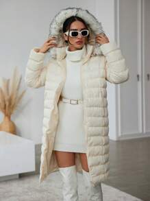 EURMUSE Fuzzy Trim Hooded Puffer Coat - White - View 1