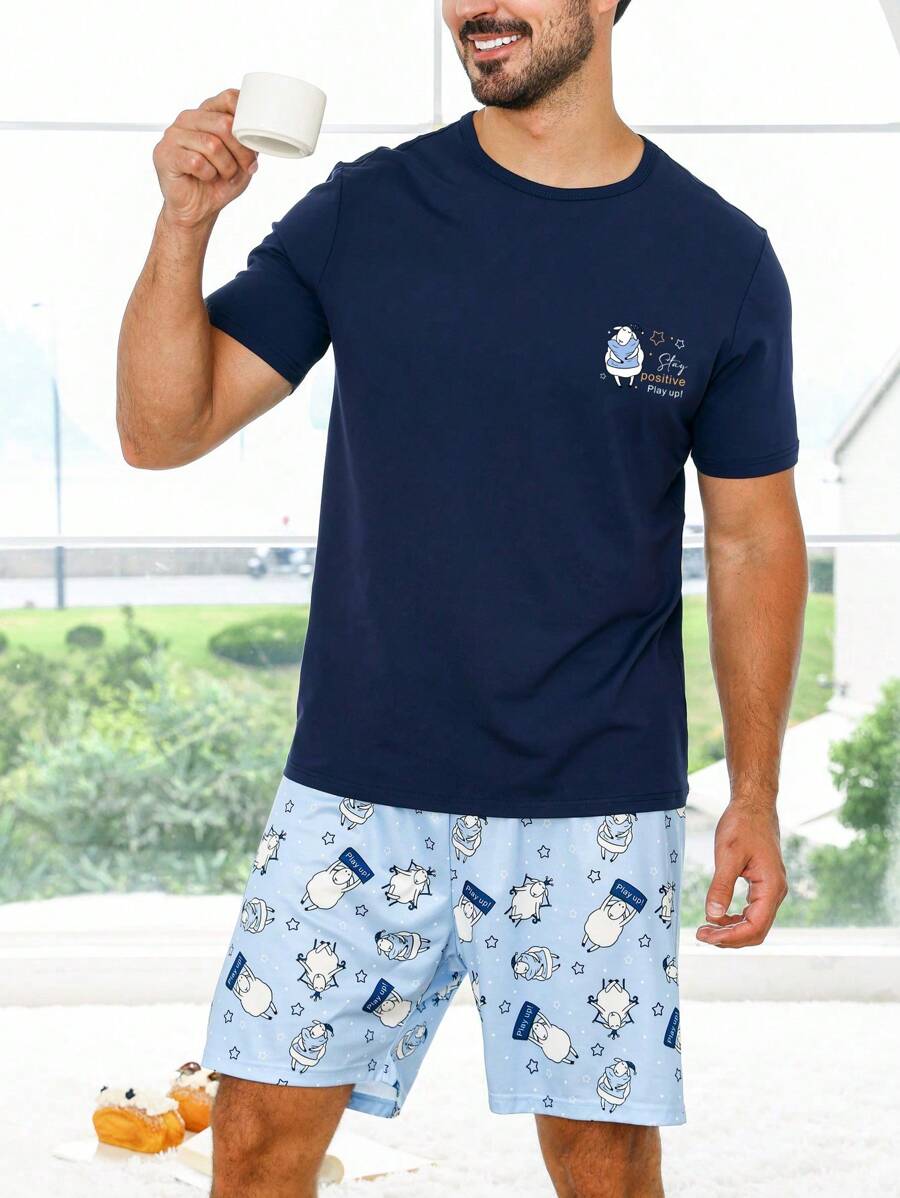 Men Cartoon Graphic PJ Set / Pajama Set - Blue - View 1
