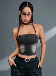 SHEINNeu 1件水洗剪裁無肩帶牛仔上衣 - 黑色 - 查看 3