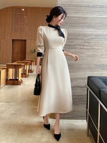 DAZY Vestido de mujer con cuello de contraste, cintura con lazo, manga abullonada, vestido de otoño de manga larga