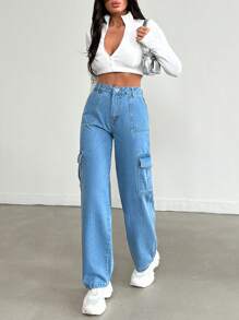 SHEIN Cottnline 女式直筒工裝牛仔褲 - 中等水洗藍 - 查看 3