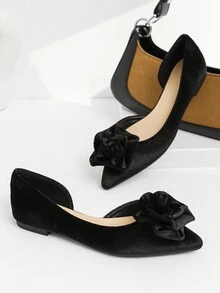 低帮女尖头纯色秋季新款花朵温柔优雅平底鞋 - 黑色 - 查看 3