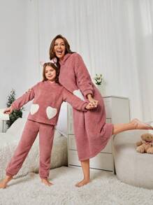 Tween Girls' Heart Pattern Home Wear Mommy And Me Matching Pajama Set (Each Set Sold Separately) - Watermelon Pink - View 9