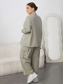 SHEIN Essnce 大尺寸女士純色襯衫和褲子套裝 - 綠色 - 查看 2