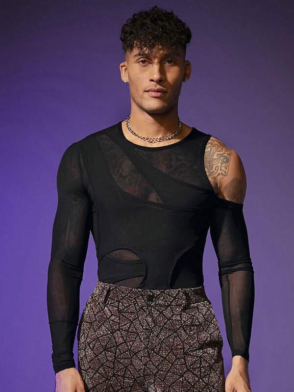 FeverCity Camiseta de manga larga con hombros descubiertos, de punto y malla lisa para hombre, regalo para el novio, para salir, verano, otoño