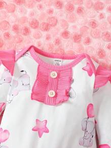 Baby Girls' Cute Cartoon Watercolor Elephant Heart Balloon Patchwork Jumpsuit With Headband