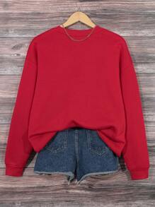 SHEIN LUNE 大尺碼女水鑽字母印花圓領運動衫 - 紅色 - 查看 2