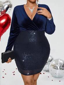 SHEIN BAE 大尺碼天鵝絨亮片長袖連身裙 - 藍色 - 查看 4