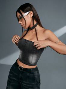 SHEINNeu 1件水洗剪裁無肩帶牛仔上衣 - 黑色 - 查看 4