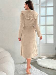 女用卡通刺繡 3d 耳朵連帽腰帶泰迪絨浴袍 - 卡其色 - 查看 2