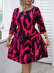 Celure Plus Size Women'S Floral Print Cinched Waist Dress - Hot Pink - View 1
