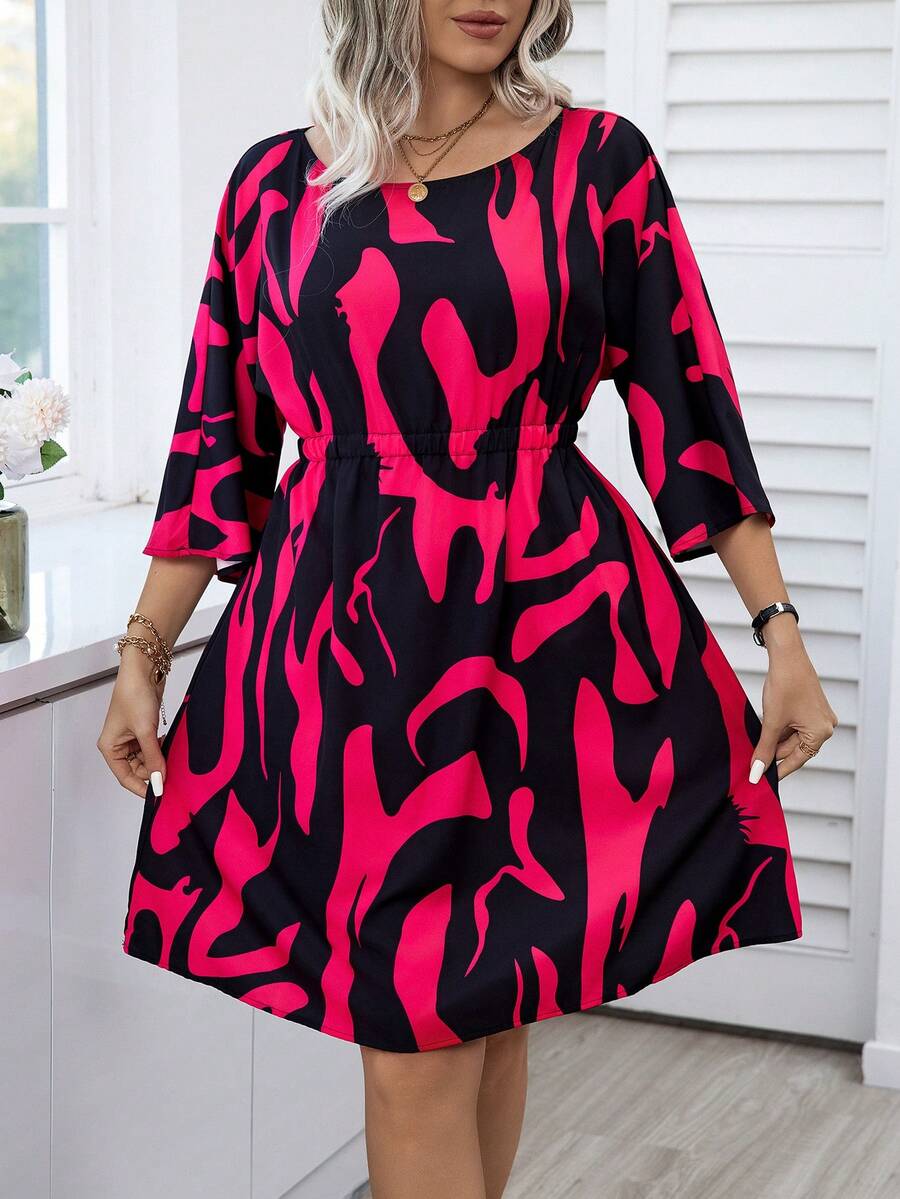 Celure Plus Size Women'S Floral Print Cinched Waist Dress - Hot Pink - View 1
