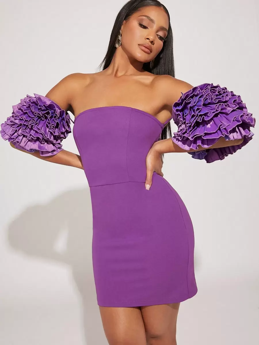 Hauture Nếp may phóng đại Off Shoulder Đầm - Màu xanh lam - Xem 1