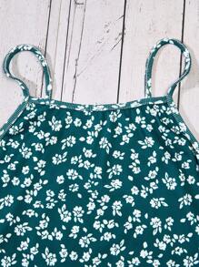 SHEIN 2 cái/bộ Màu thuần Áo thun Và In hoa Dây đeo Mì Ý  Đầm Đối với Cô gái tuổi teen - Nhiều màu - Xem 3