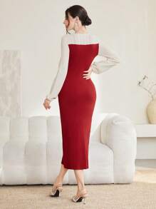 Modelyn Crew Neck Color Block Long Sleeve Sweater Dress (Without Waist Chain) Fall Cloth For Women - Red - View 2