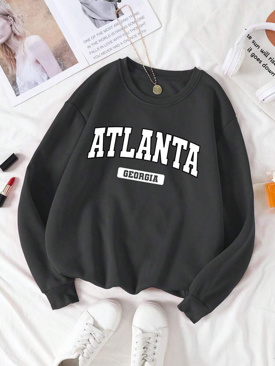 SHEIN EZwear Letter Printed Warm Lining Sweatshirt - Dark Grey - View 1