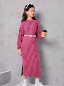 SHEIN Leap Crew Tween Girls' Loose Round Neck Sweater Dress With Side Slit & Drop Shoulder Design - Hot Pink - View 1