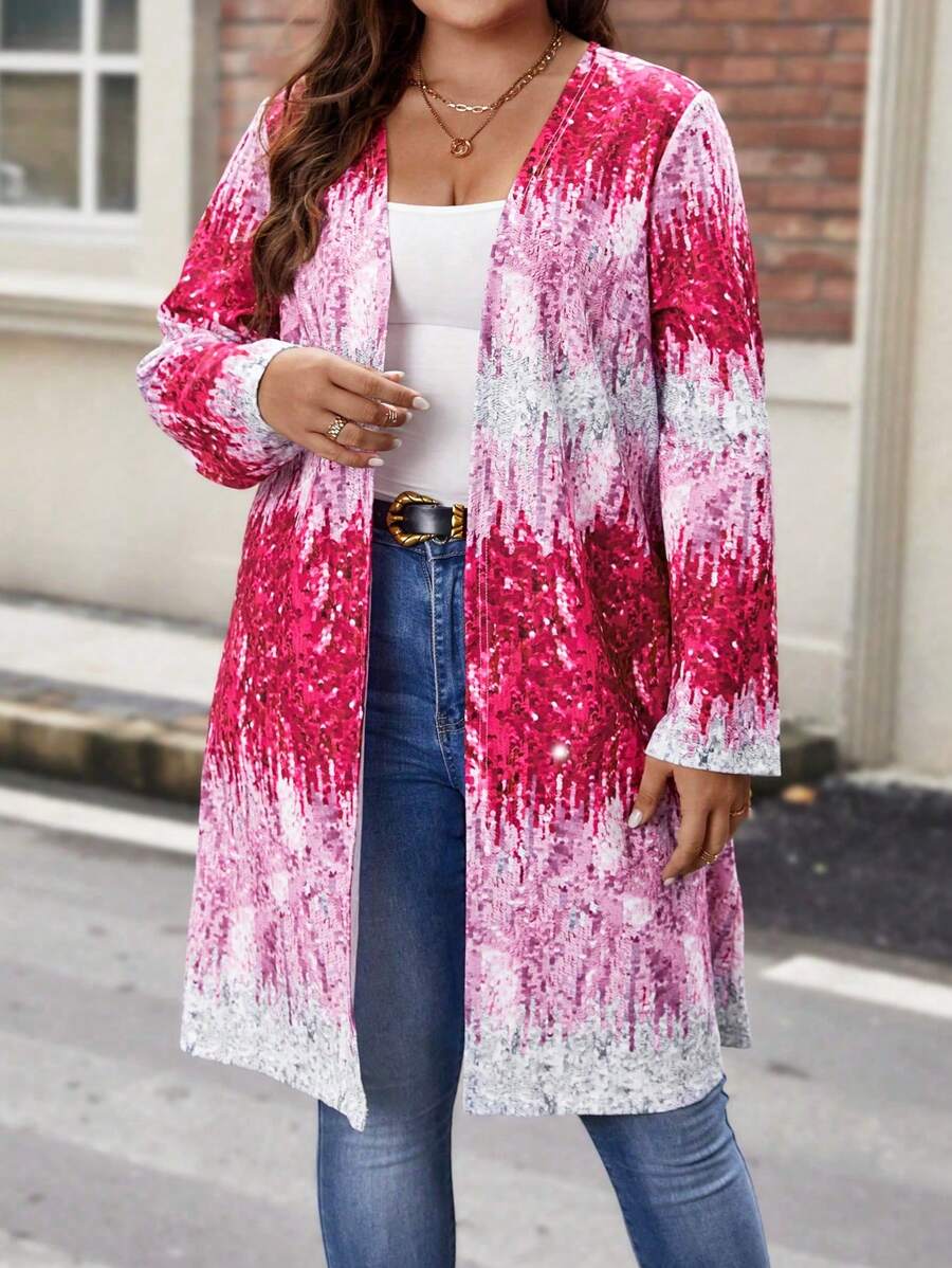 SHEIN LUNE Plus Sequin Print Open Front Coat - Hot Pink - View 1