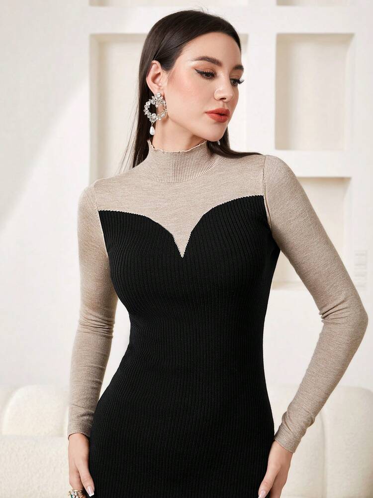 Color Blocked Long Sleeve High Neck Bodycon Sweater Dress