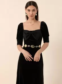 SHEIN Privé Women'S Velvet Puff Sleeve Dress With Bow Tie - Black - View 6