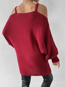 SHEIN Clasi 镂空蝙蝠袖毛衣，露肩针织套头衫，秋冬款 - 酒紅色 - 查看 2