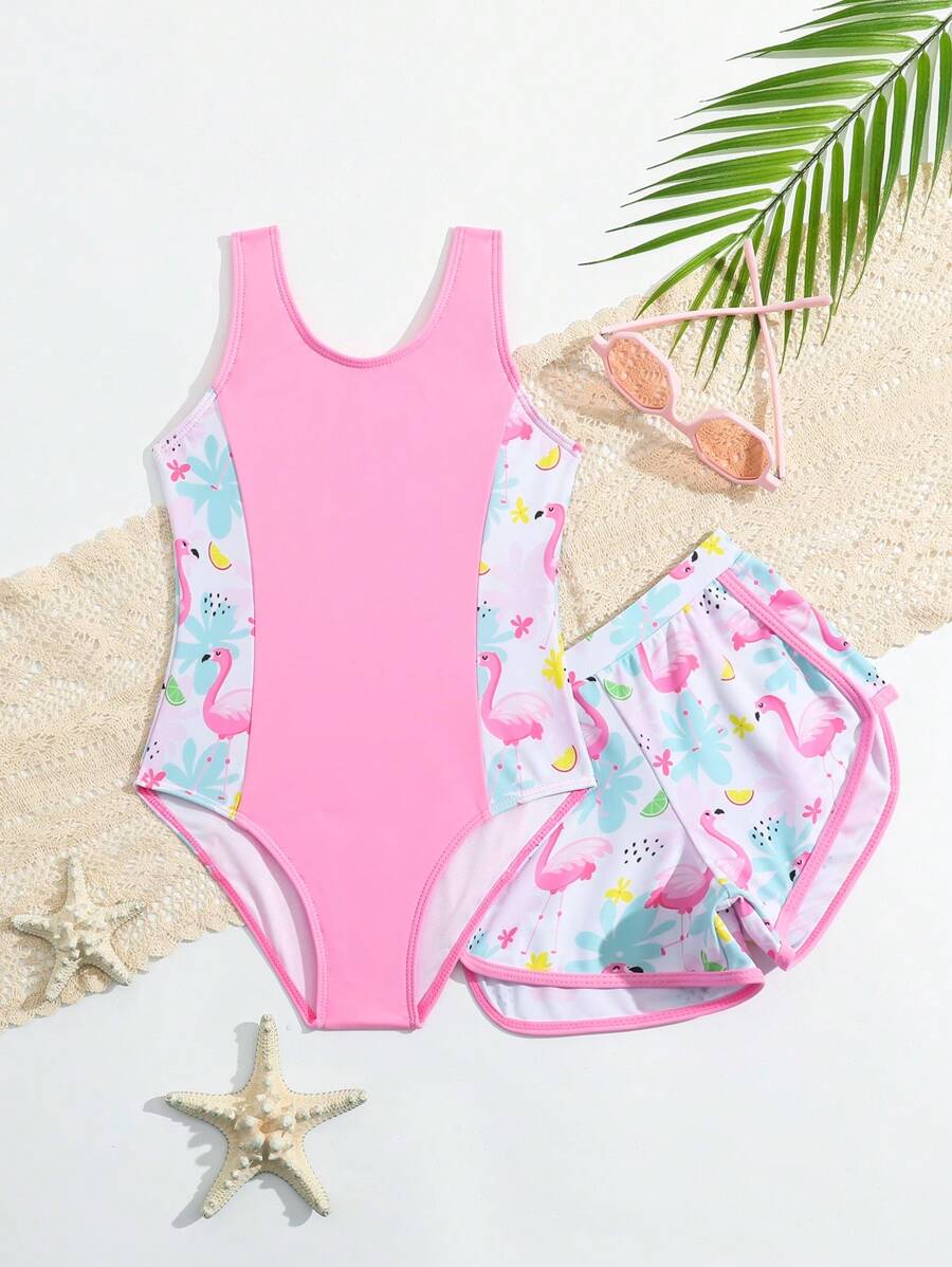 SHEIN Young Girl Cartoon Flamingo Printed One-Piece Swimsuit With Swimsuit Shorts, Summer - Pink - View 1
