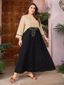 Al Najma Kích thước lớn Của phụ nữ Khối màu Tay áo dài Đầm - màu đen - Xem 6