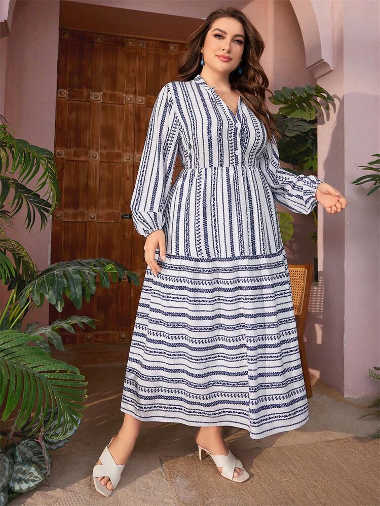 Plus Size Printed Notched-Neckline Dress