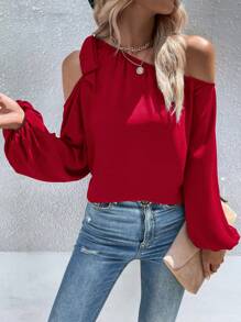 SHEIN LUNE Solid Asymmetrical Shoulder Shirt - Burgundy - View 1
