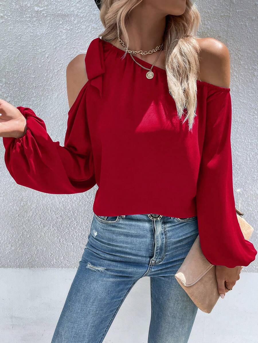SHEIN LUNE Solid Asymmetrical Shoulder Shirt - Burgundy - View 1