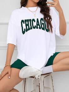 SHEIN EZwear 女士字母印花下垂肩t恤和緊身褲套裝 - 彩色 - 查看 5