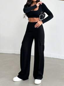 EURMUSE Women's Solid Color Flip Pocket Trousers - Black - View 4