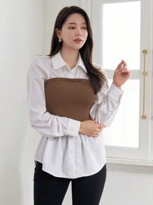 DAZY Women'S Colorblock Knitted Ribbed Shirt With Patchwork Design - Khaki - View 3