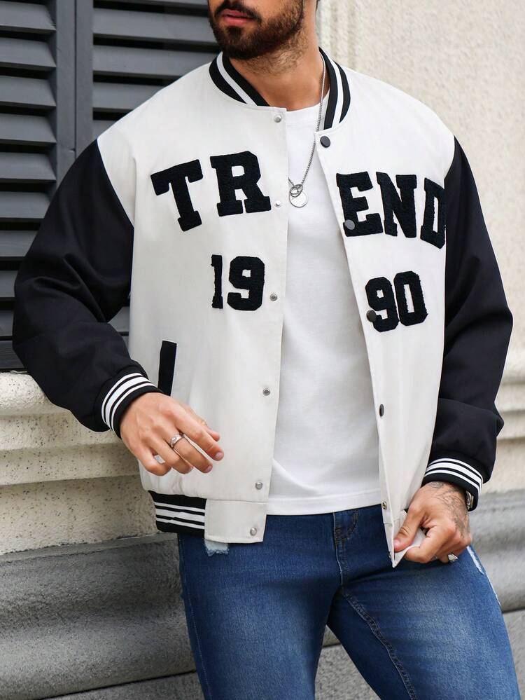 Men'S Color Block Baseball Jacket With Embroidery And Toweling