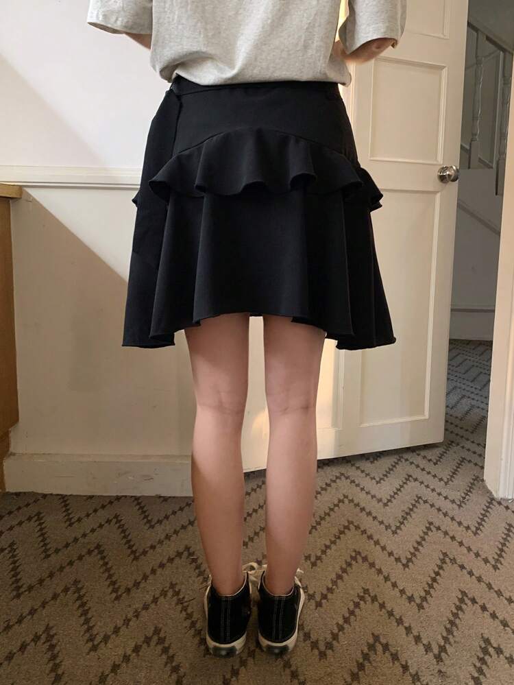 Solid Color Double-Layered Ruffle Hem Skirt With Belt