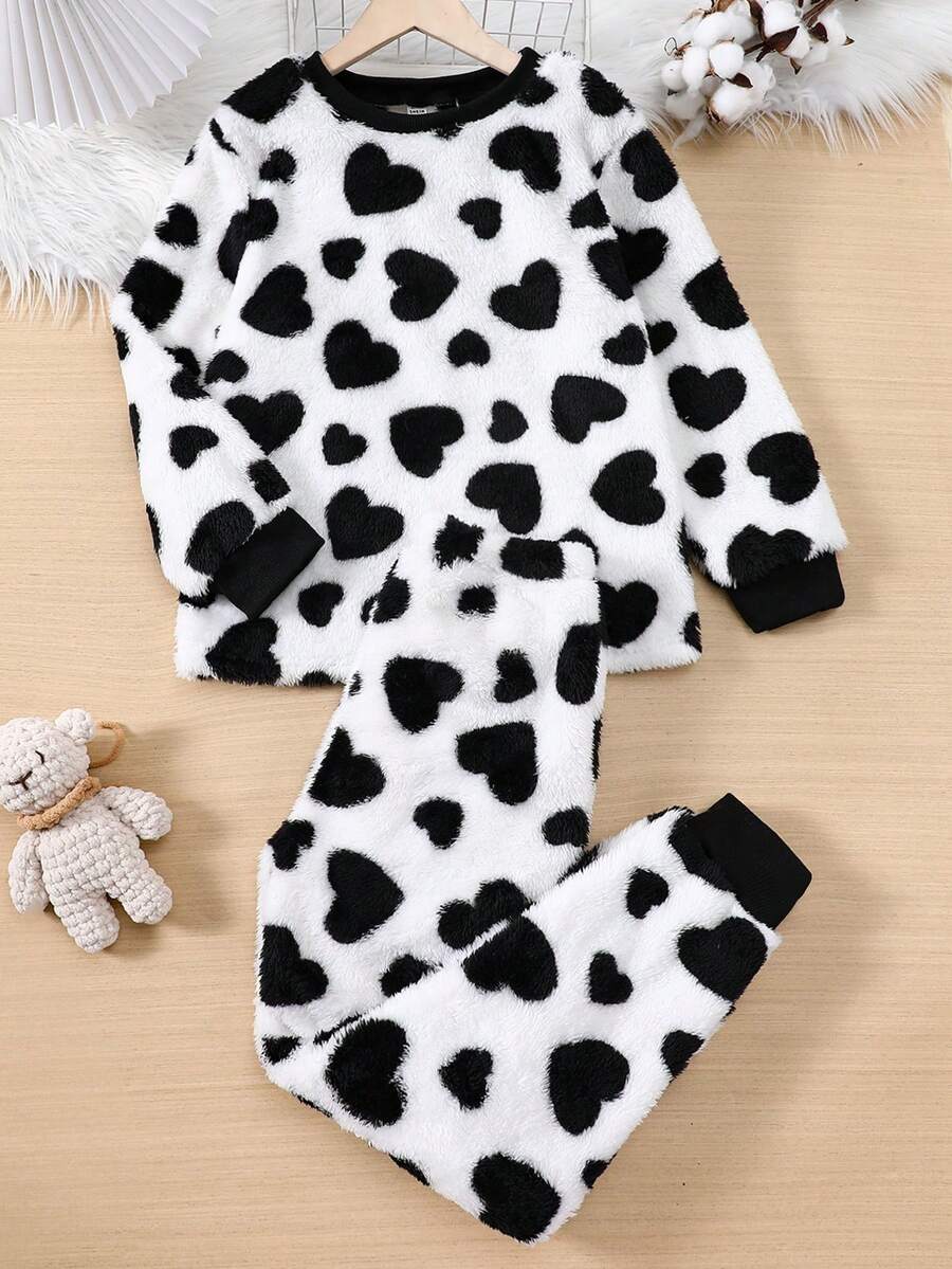 Ropa de invierno para hogar suave y cálida con patrón de corazones para niña preadolescente - Blanco y Negro - Ver 1