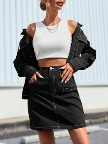 SHEIN Essnce 女士下肩長袖夾克和裙子套裝 - 黑色 - 查看 5